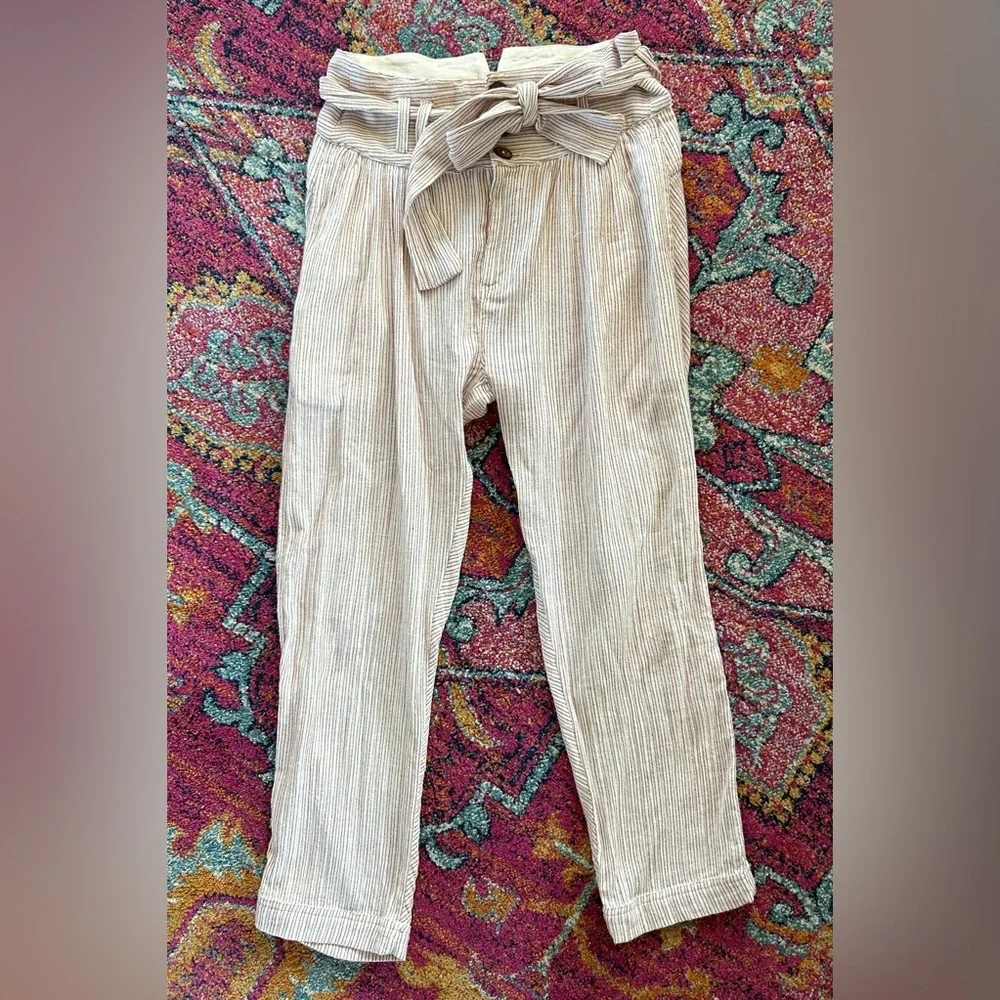 Free People | Women’s amber/cream striped ankle pants, 3 button front, tie belt